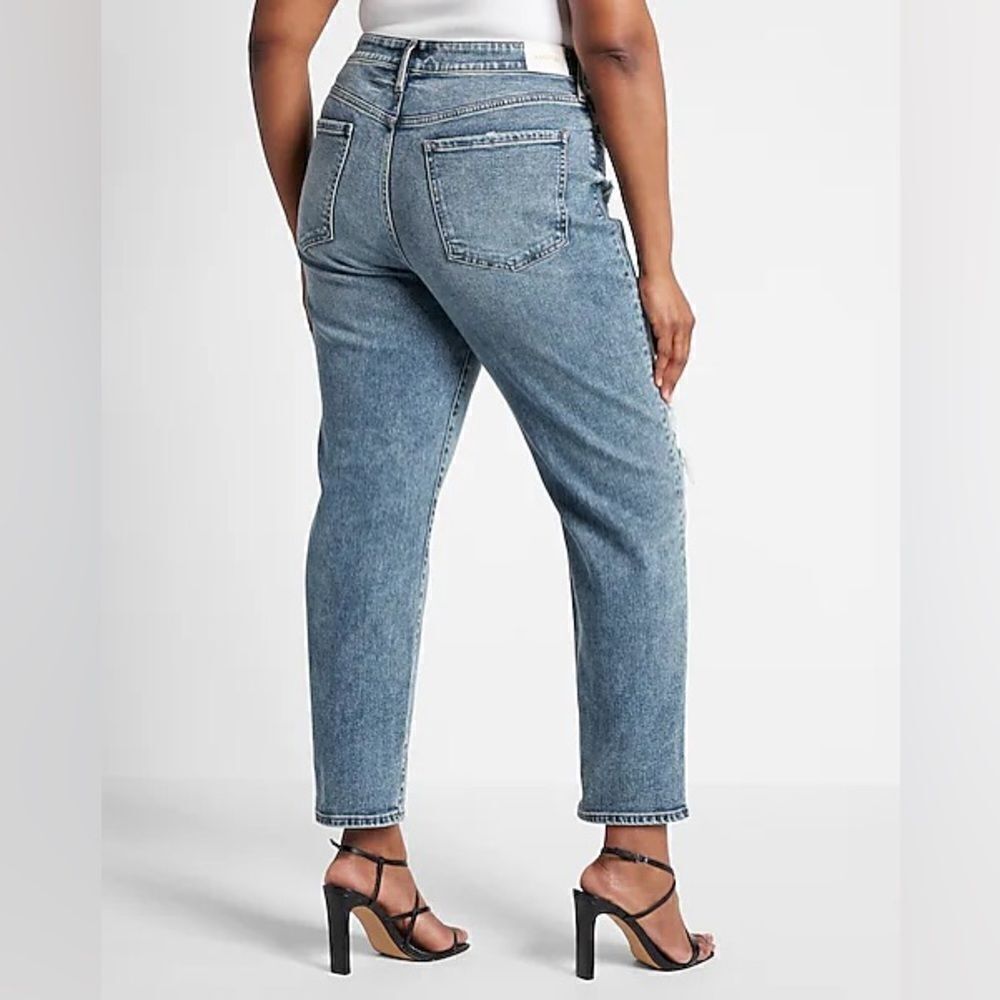 Express Womens Mid Rise Boyfriend Jeans Blue Distressed Stretchy Size 16 R